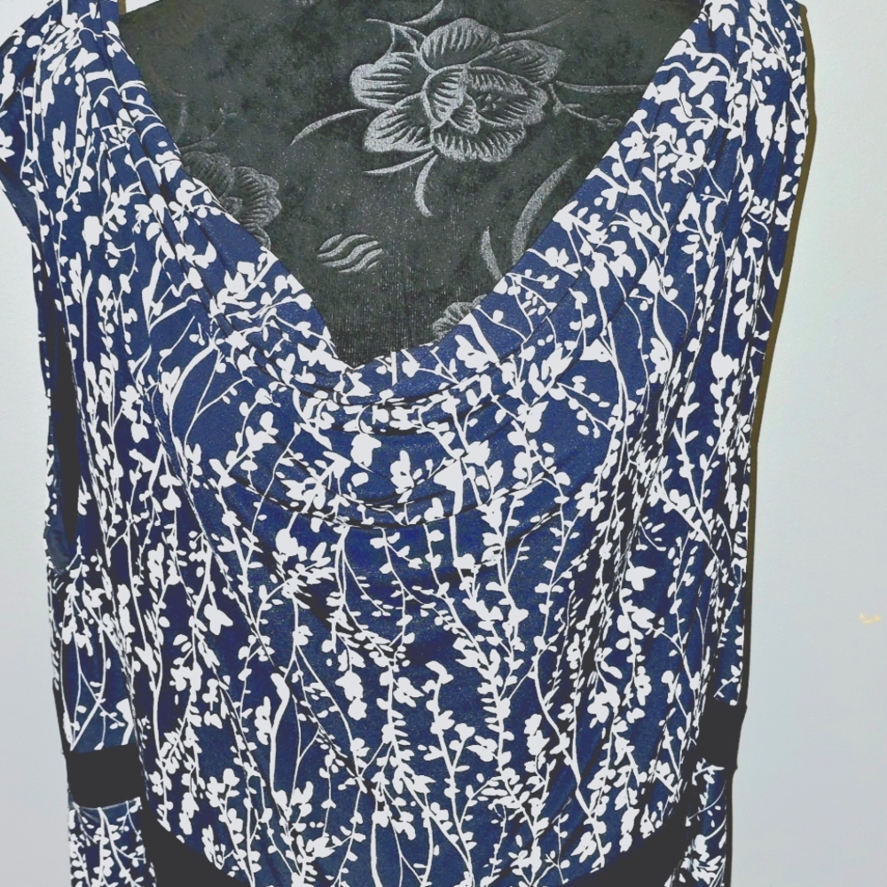 Navy blue midi dress with white floral pattern